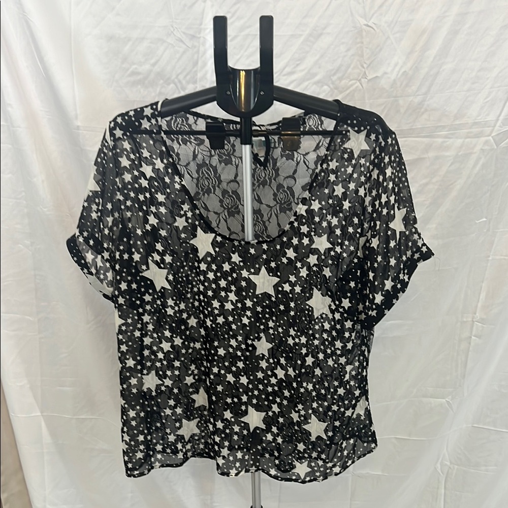 Maurices Black and White Sheer Blouse with Flutter Sleeves